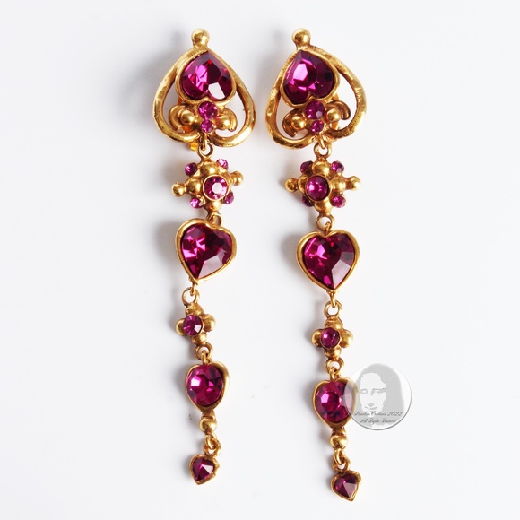 Emanuel Ungaro Earrings Oversized Dangle Rhinestones Baroque Statement 5in 80s - Picture 4 of 9
